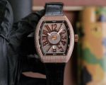 Frank Muller Vanguard Yachting V45 44*54mm ETA2824 Movement Iced Out Rose Gold Leather Band Watch